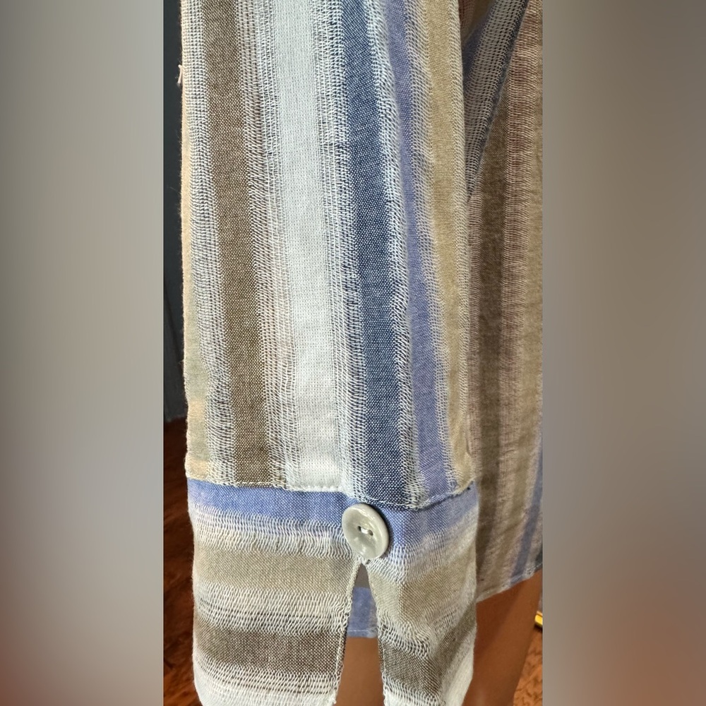 Striped Cotton Top Blue Tan Button Shoulder Relaxed Casual Blouse L - Picture 5 of 7